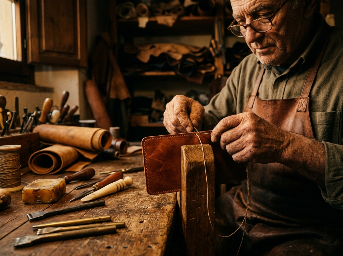 Master artisan hand-stitching luxury leather purse in Florence workshop